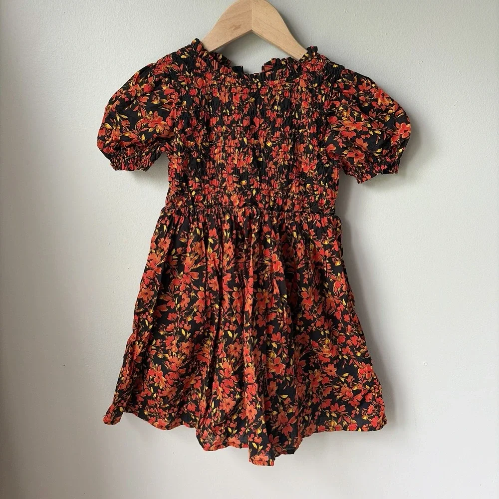 Gap Kids Girls Black Orange Fall Floral Puff Sleeve Smocked Babydoll Dress Sz 5T